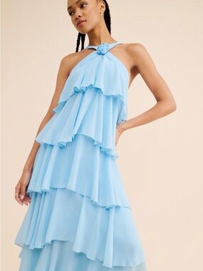 Vero Moda Sky Blue One-Shoulder Tiered Maxi Dress with Rosette